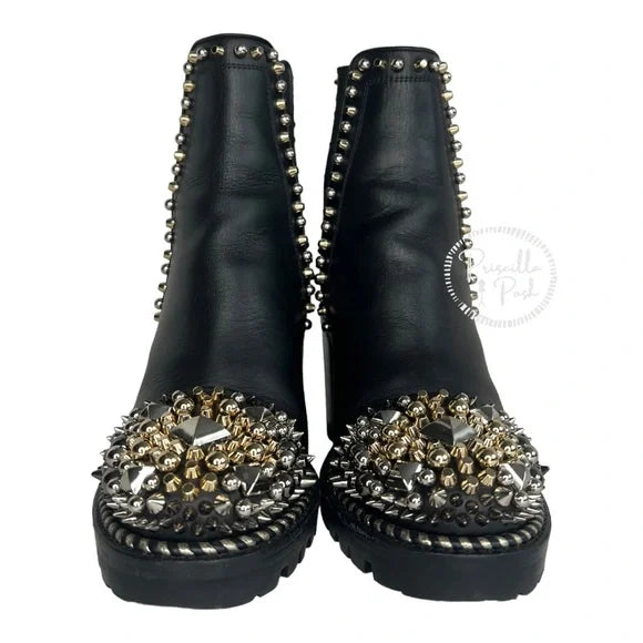 Christian Louboutin Black Chasse A Clou 70 Silver Gold Studded Stud Ankle Boots 35