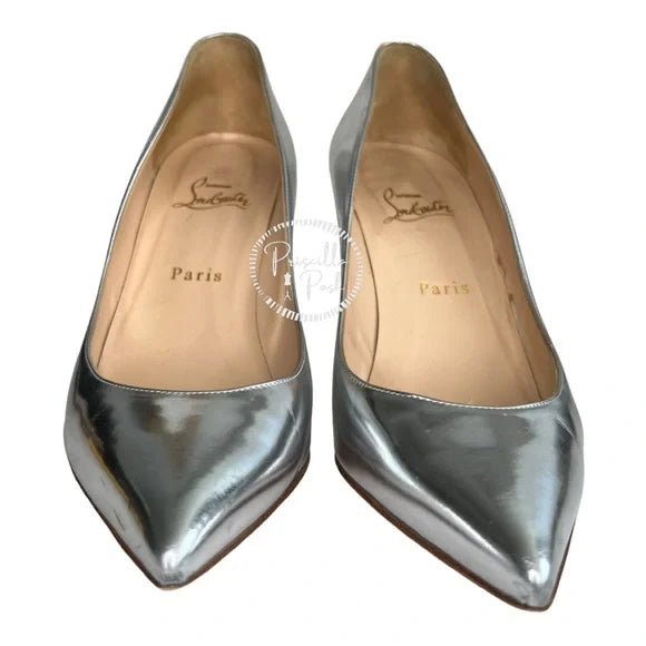 Christian Louboutin Silver Metallic Leather Pigalle Follies 85 Low Heels 39