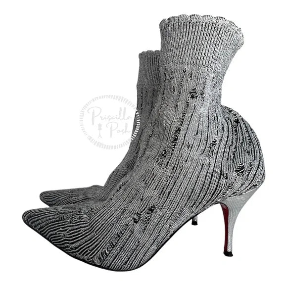 Christian Louboutin Sandrine 80 Silver Stretch Sock Kitten Heel Ankle Boots 37.5