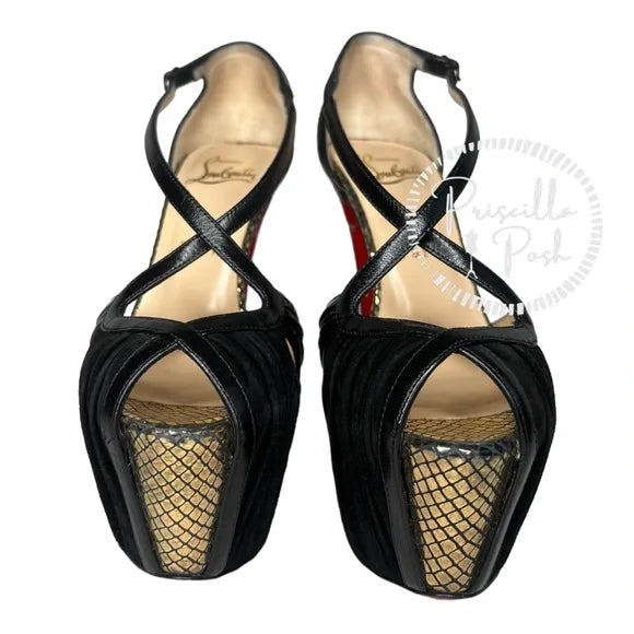 Christian Louboutin Black Gold Leather Divinoche Crisscross Platform Sandals 36.5