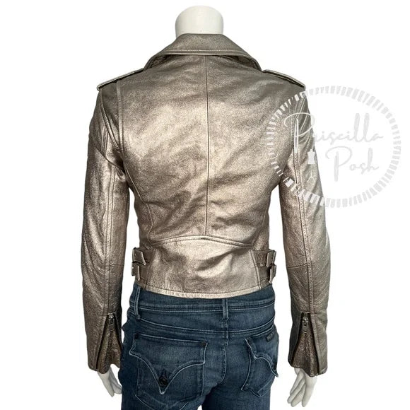 IRO Ashville Cropped Metallic Leather Jacket Silver 36