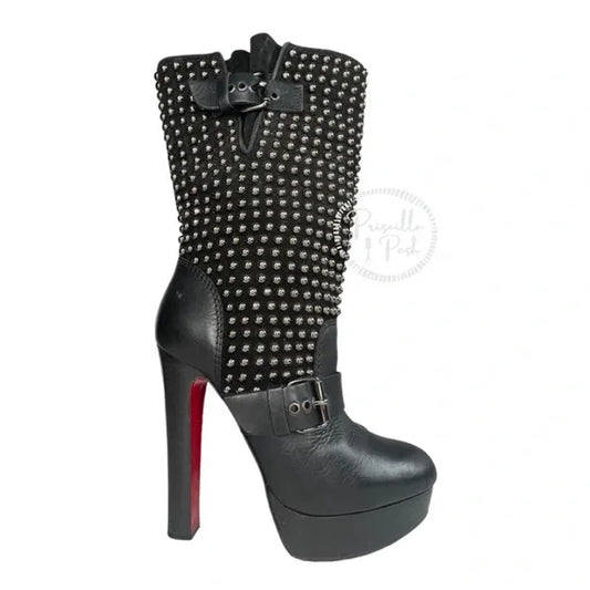 Christian Louboutin Marisa Silver Studded Boots Combat Platform Heeled Boots 38