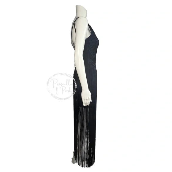 NWT Herve Leger Draped Fringe Gown Navy V-Neck Full Length XS