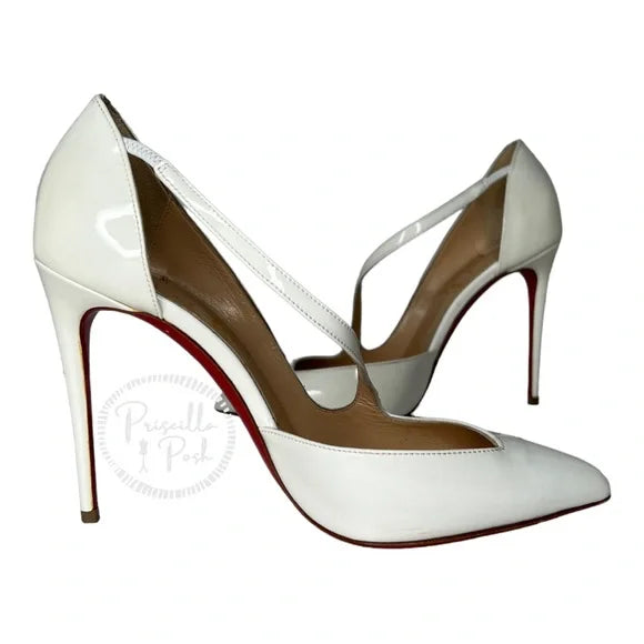 Christian Louboutin White Patent Leather Pointed Toe Heels Ankle Strap Pumps 36.5