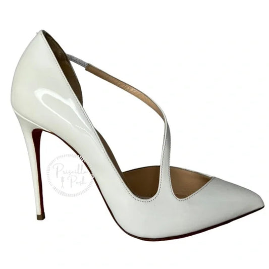 Christian Louboutin White Patent Leather Pointed Toe Heels Ankle Strap Pumps 36.5