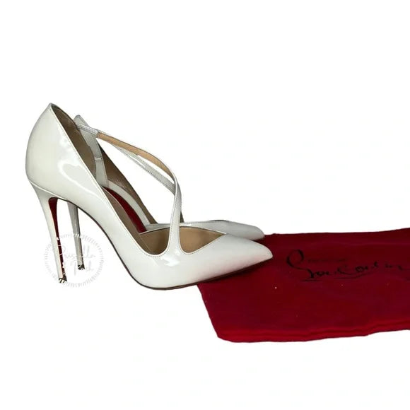 Christian Louboutin White Patent Leather Pointed Toe Heels Ankle Strap Pumps 36.5