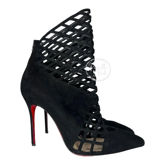 Christian Louboutin Black Suede Pointed Toe Ankle Boots Cutout Stiletto Heel 39.5