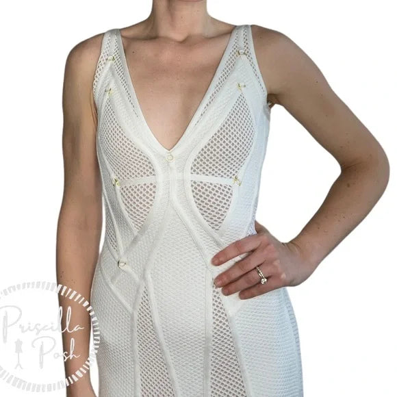 NWT Herve Leger White Gown Mesh Paneled Ivory Nude Bridal Wedding Evening small