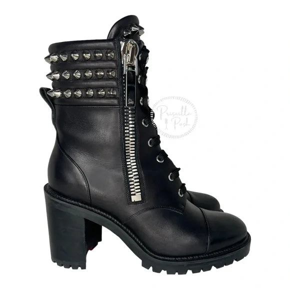 Christian Louboutin Black Leather Block Heel Silver Spike Combat Boots 37.5