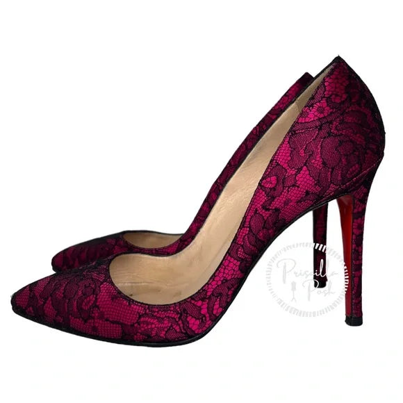 Christian Louboutin Fuchsia Pink With Black Lace Overlay Pointed Toe Satin 38