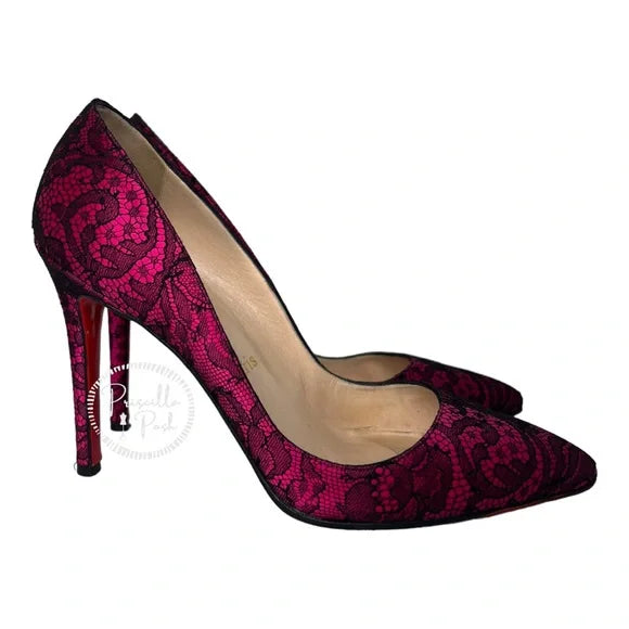 Christian Louboutin Fuchsia Pink With Black Lace Overlay Pointed Toe Satin 38