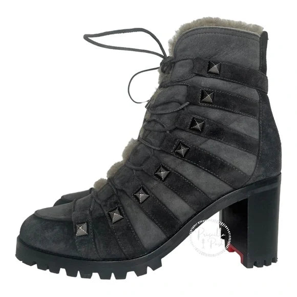 Christian Louboutin Gray Black Chaletta 70 Shearling Ankle Boots Fur Lined 39