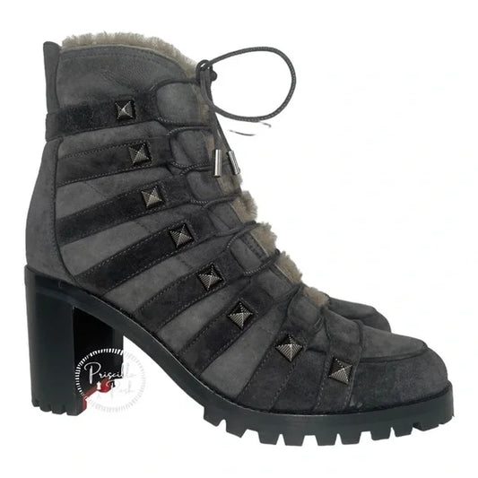 Christian Louboutin Gray Black Chaletta 70 Shearling Ankle Boots Fur Lined 39