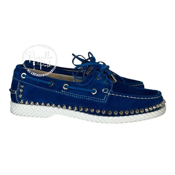 Christian Louboutin Blue Suede Silver Spike Studded Loafers Boat Shoes Oxfords 37.5