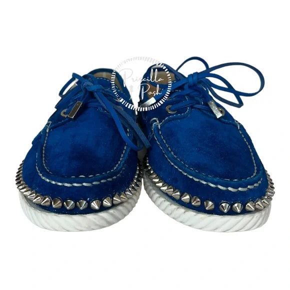 Christian Louboutin Blue Suede Silver Spike Studded Loafers Boat
