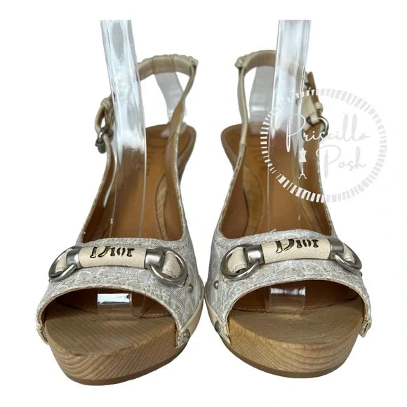 Dior Horsebit Logo Platform Sling Back Open Toe Sandals 38 Canvas Gold