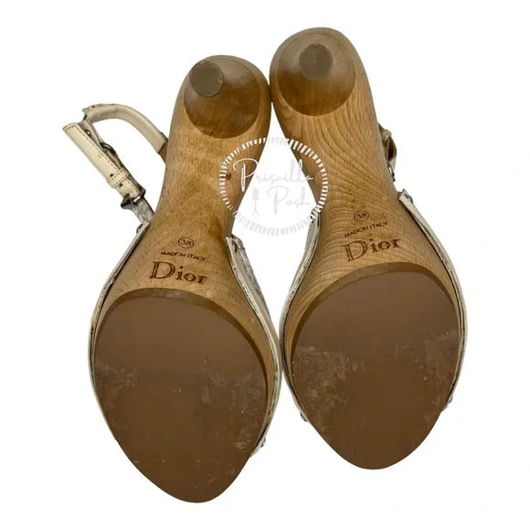 Dior Horsebit Logo Platform Sling Back Open Toe Sandals 38 Canvas Gold