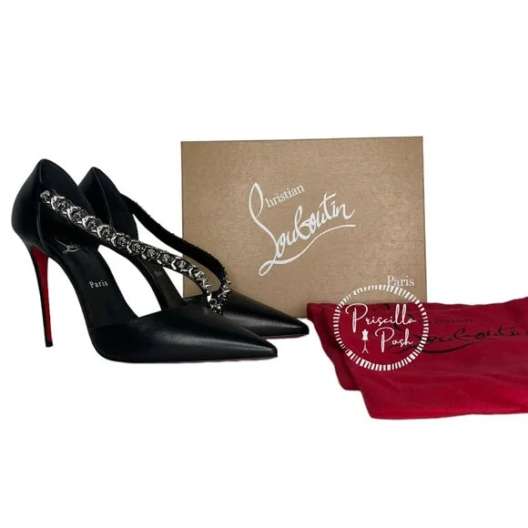 NWB Christian Louboutin Black Leather Silver Chain Spike Leather Pumps 42