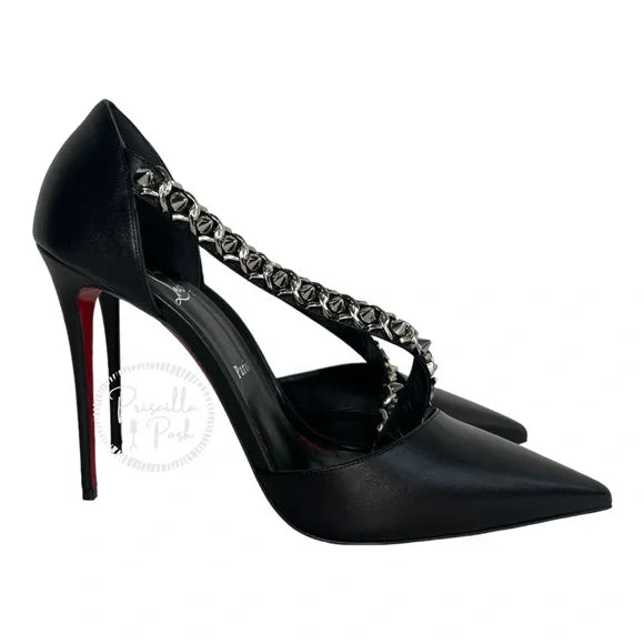 NWB Christian Louboutin Black Leather Silver Chain Spike Leather Pumps 42