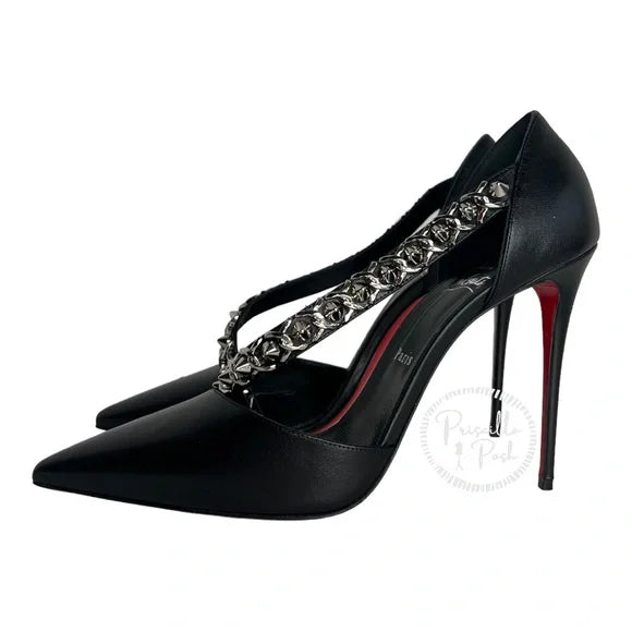 NWB Christian Louboutin Black Leather Silver Chain Spike Leather Pumps 42