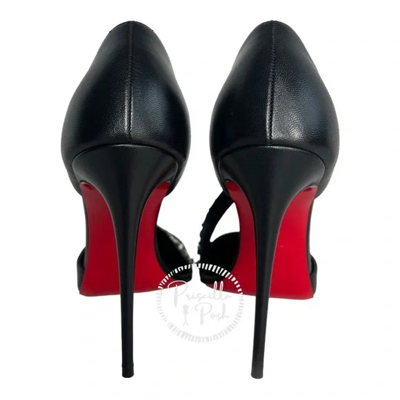 NWB Christian Louboutin Black Leather Silver Chain Spike Leather Pumps 42