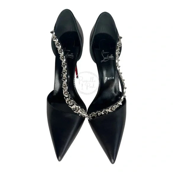 NWB Christian Louboutin Black Leather Silver Chain Spike Leather Pumps 42
