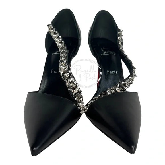 NWB Christian Louboutin Black Leather Silver Chain Spike Leather Pumps 42
