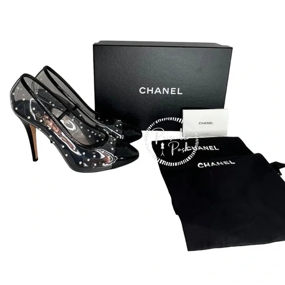 Chanel Black Patent Pvc Clear Transparent CC Pearl Sandal Stiletto Heel Pumps Size 40