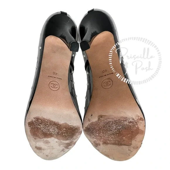 Chanel Black Patent Pvc Clear Transparent CC Pearl Sandal Stiletto Heel Pumps Size 40