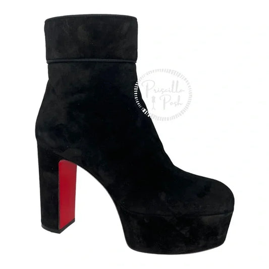 Christian Louboutin black suede platform ankle boot block heel square toe 35
