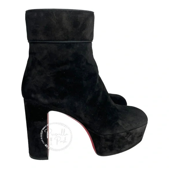 Christian Louboutin black suede platform ankle boot block heel square toe 35