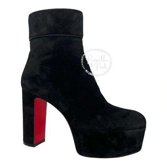 Christian Louboutin black suede platform ankle boot block heel square toe 35