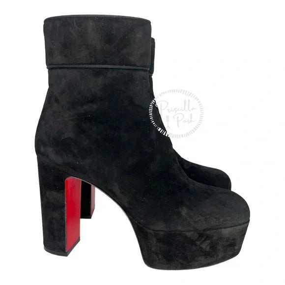 Christian Louboutin black suede platform ankle boot block heel square toe 35