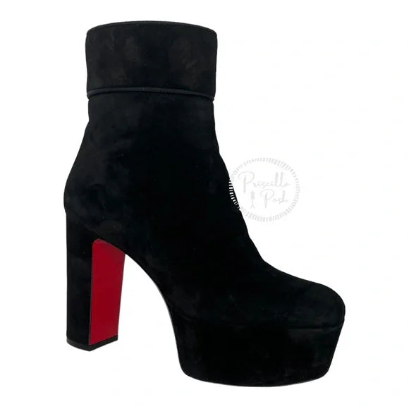 Christian Louboutin black suede platform ankle boot block heel square toe 35