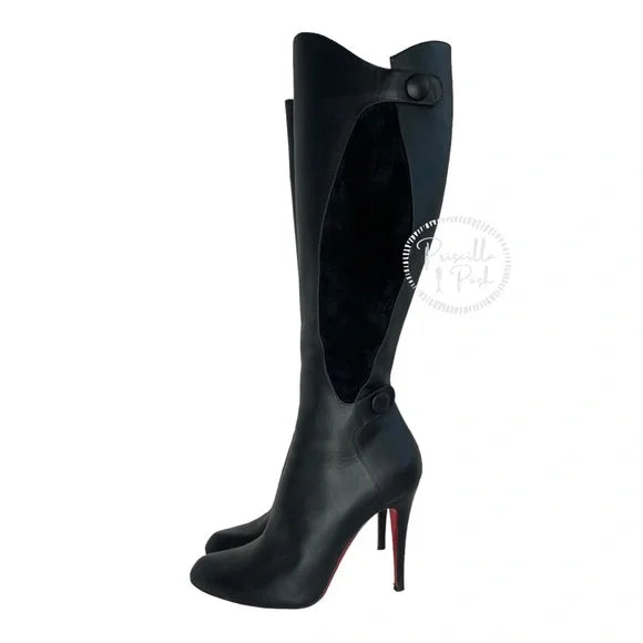 Christian Louboutin Black Leather and Suede Knee High Heeled Boots 38.5