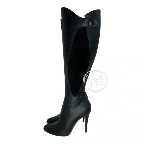 Christian Louboutin Black Leather and Suede Knee High Heeled Boots 38.5