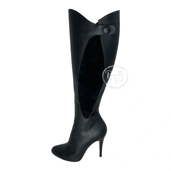 Christian Louboutin Black Leather and Suede Knee High Heeled Boots 38.5