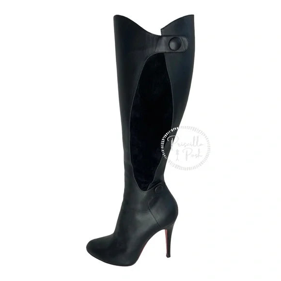 Christian Louboutin Black Leather and Suede Knee High Heeled Boots 38.5