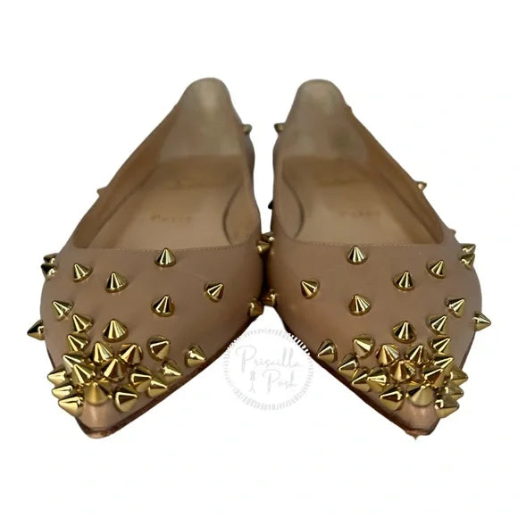Christian Louboutin Degraspike Studded Point-Toe Red Sole Flat, Neutral Gold 38