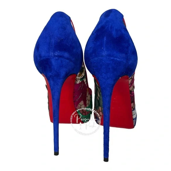 NEW Christian Louboutin Floral Embroidered Heels Pumps Peep Toe Platform Blue 37