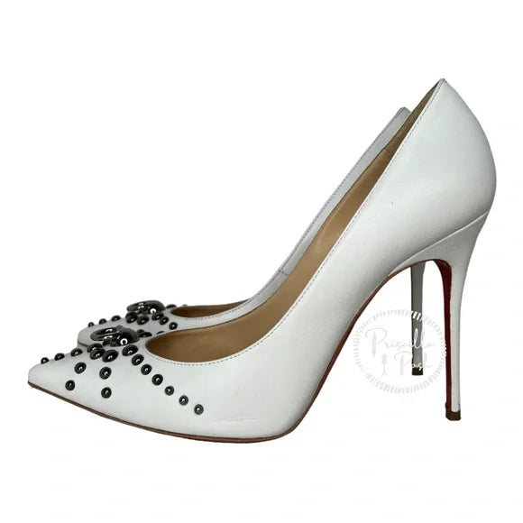 Christian Louboutin Door Knock Leather Red Sole Pump, White Silver Studded 39