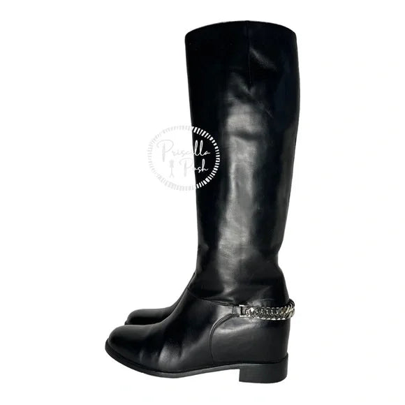 Christian Louboutin Black Leather Knee High Silver Chain Riding Boots 37