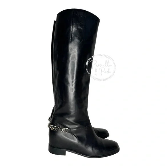 Christian Louboutin Black Leather Knee High Silver Chain Riding Boots 37