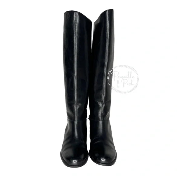 Christian Louboutin Black Leather Knee High Silver Chain Riding Boots 37