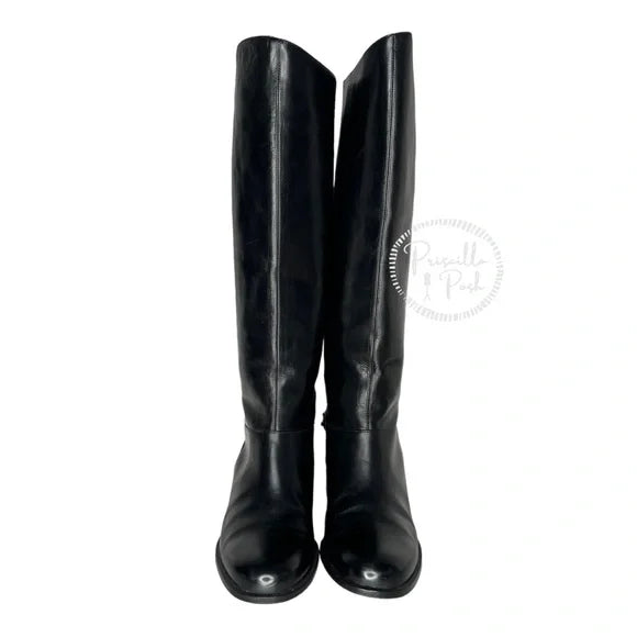 Christian Louboutin Black Leather Knee High Silver Chain Riding Boots 37