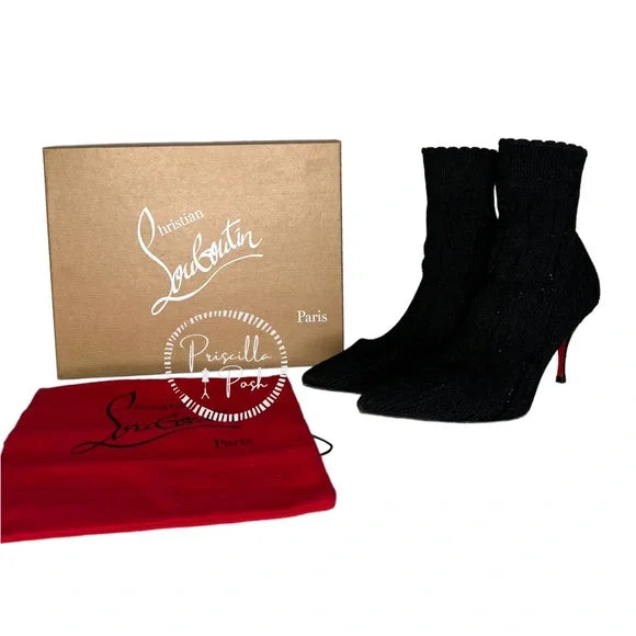 Christian Louboutin Sandrine Glitter Sock Boots Black Knit Ankle Boots 39.5