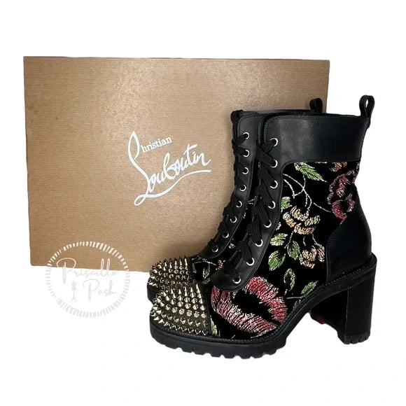 Christian Louboutin Croc Floral Studded Hiking Ankle Boots Black Spike Studded 37