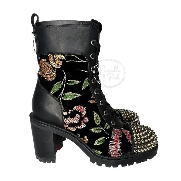Christian Louboutin Croc Floral Studded Hiking Ankle Boots Black Spike Studded 37