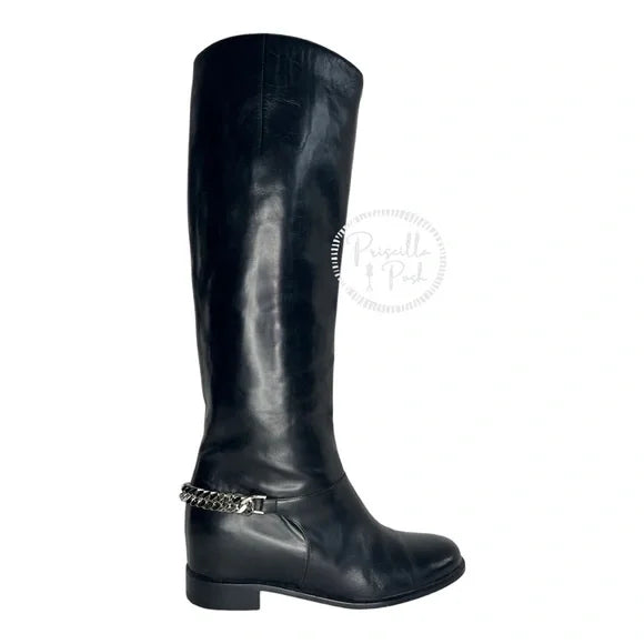 Christian Louboutin Black Leather Knee High Silver Chain Riding Boots 37