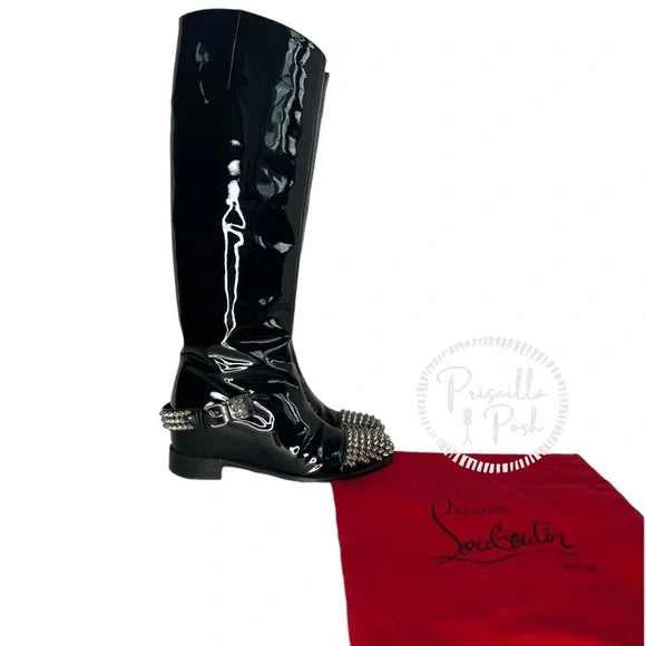 Christian Louboutin Egoutina Calfskin black Patent leather Spike Boots Combat 36
